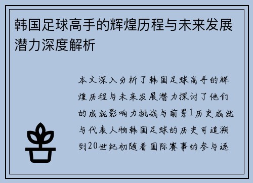 韩国足球高手的辉煌历程与未来发展潜力深度解析